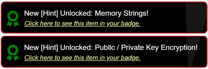 Hints unlocked : Memory Strings and Public/Private Key Encryption