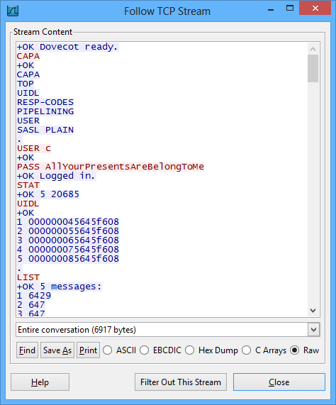 Screenshot showing exchanges between a client and a mail server. We see some credentials there !