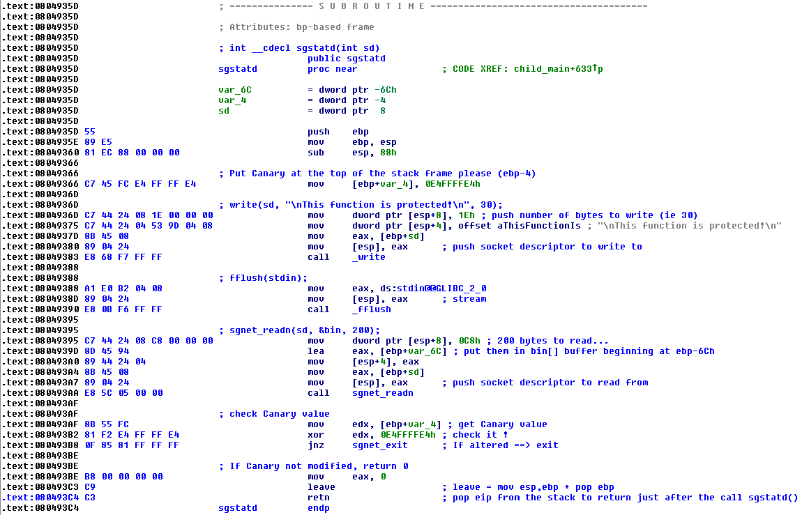 Screenshot of IDA showing the sgstatd() funtion unasembled and commented.