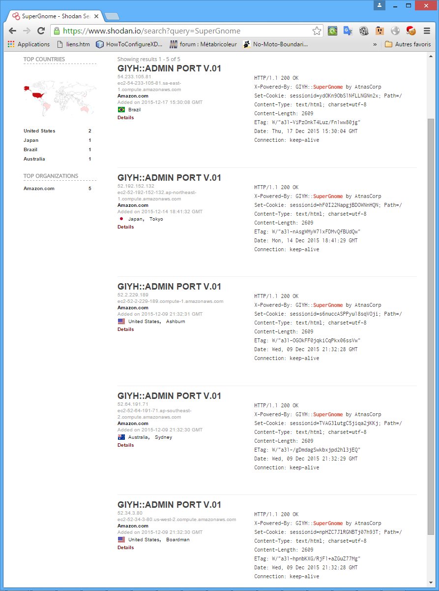 Screenshot of Shodan web site showing the 5 SuperGnomes entries.